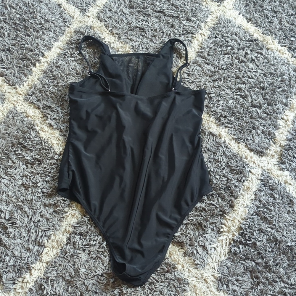 Shein Black Sheer Deep Vneck Chest One Piece Swimsuit Size Women's L - Picture 5 of 6